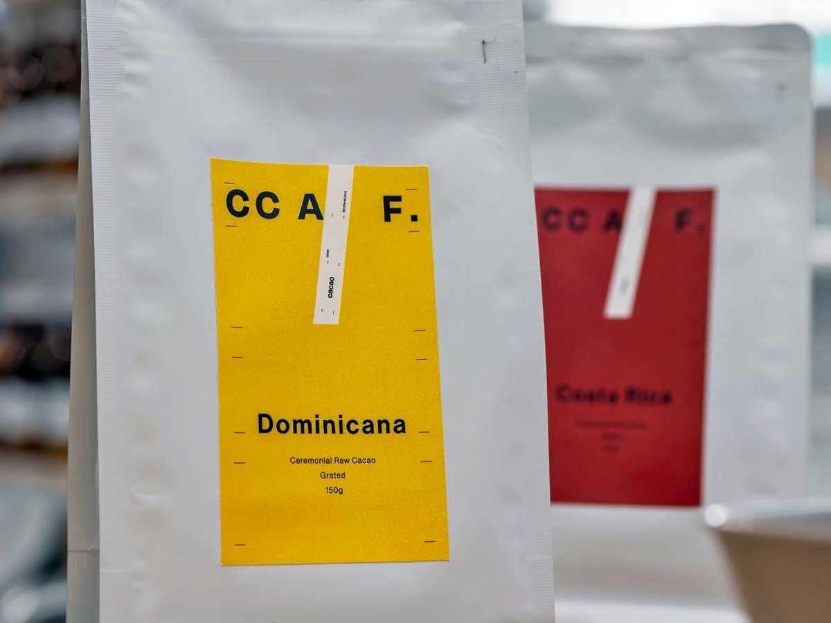 CC A F. cacao packs on the pharmacy counter in Riga